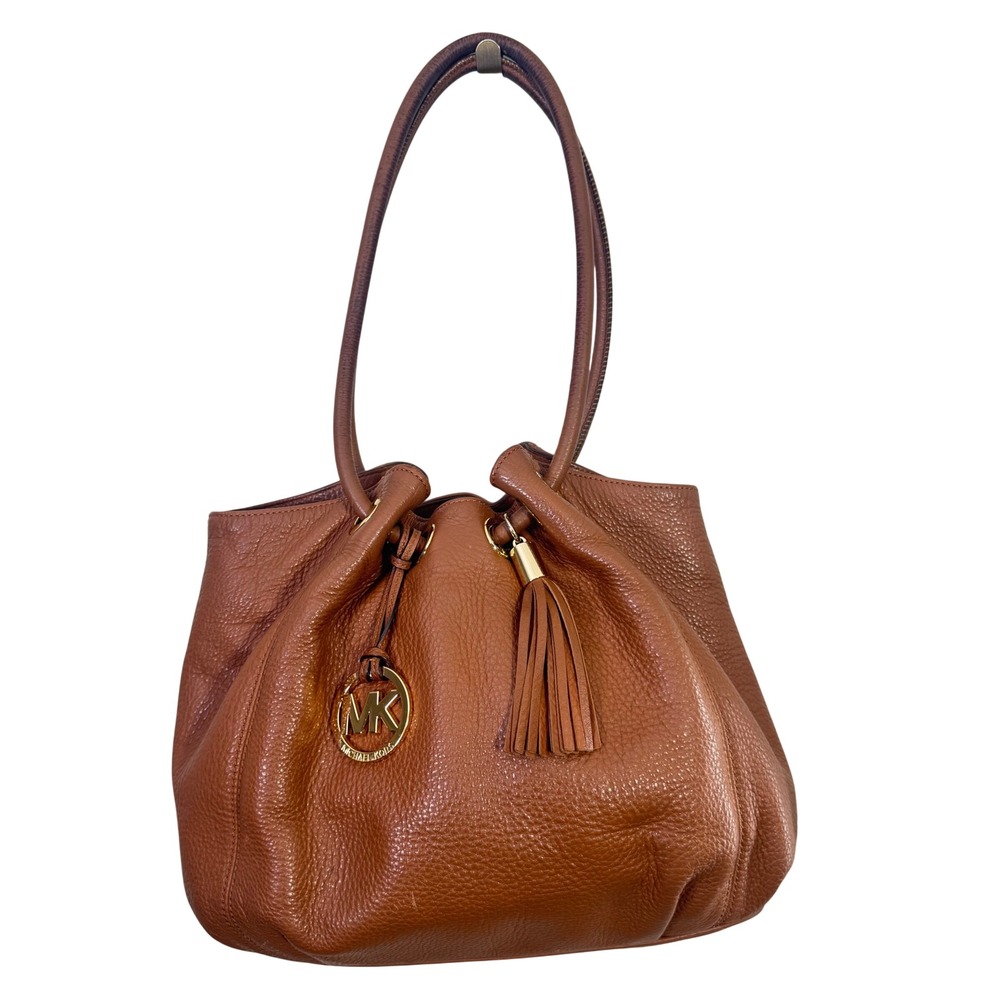 Michael Kors‎ Brown Pebbled Leather Tassel Shoulder Bag Gold MK Charm Hobo